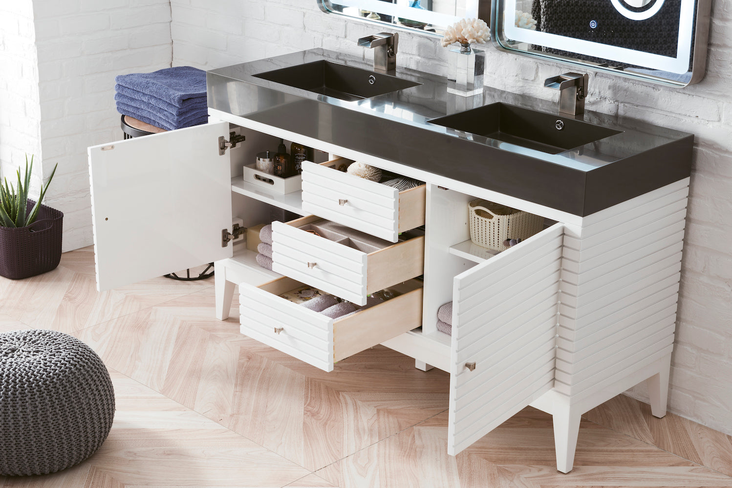 59" Linear Double Sink Bathroom Vanity, Glossy White