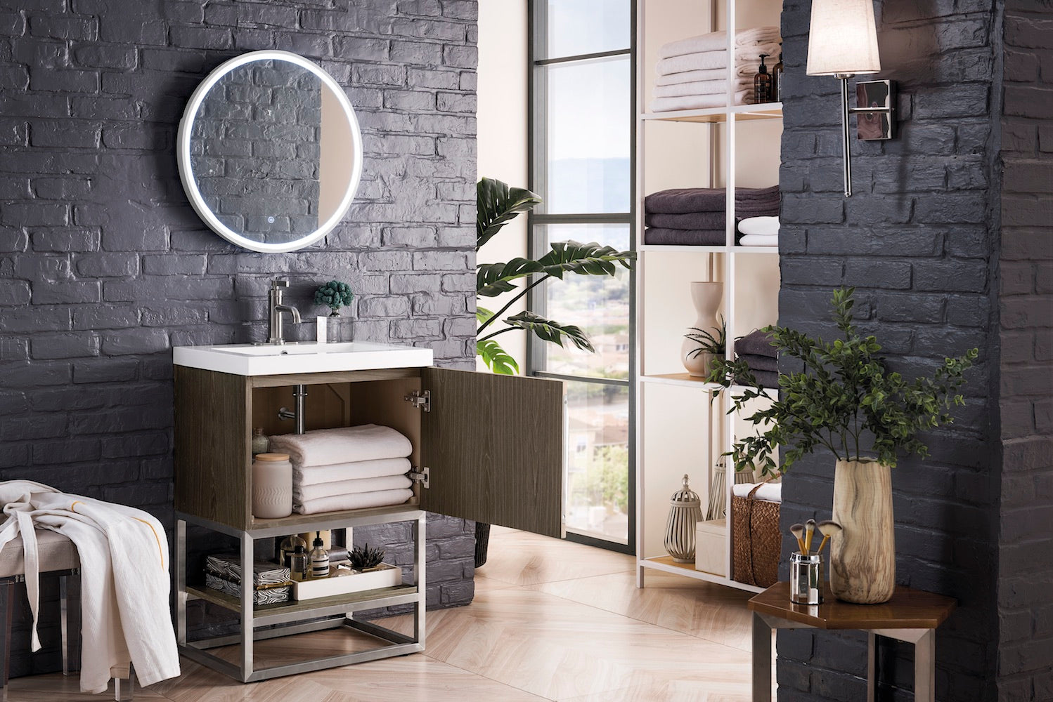 24" Columbia Single Sink Bathroom Vanity, Ash Gray, Brushed Nickel w/ Top
