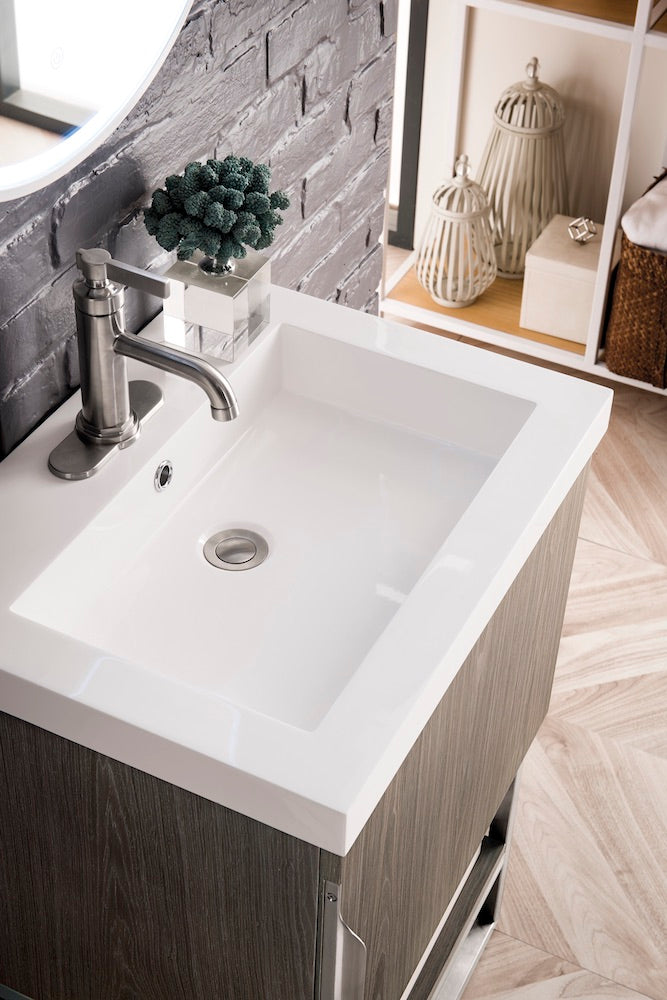 24" Columbia Single Sink Bathroom Vanity, Ash Gray, Brushed Nickel w/ Top