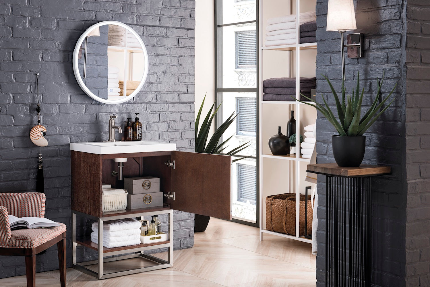 24" Columbia Single Sink Bathroom Vanity, Coffee Oak, Brushed Nickel w/ Top