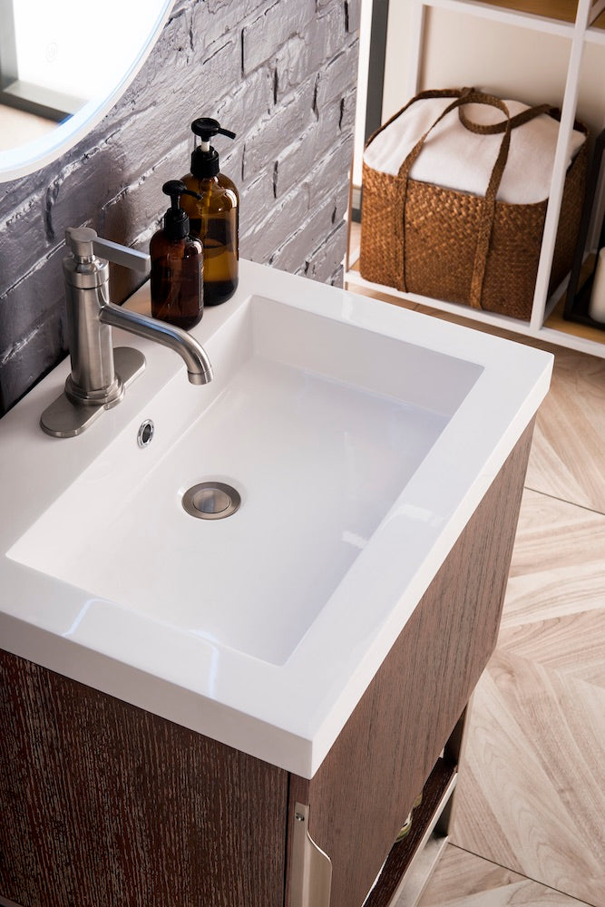 24" Columbia Single Sink Bathroom Vanity, Coffee Oak, Brushed Nickel w/ Top