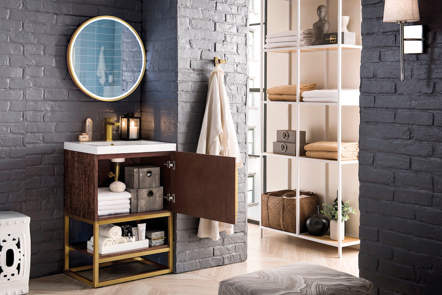 24" Columbia Single Sink Bathroom Vanity, Coffee Oak, Radiant Gold w/ Top