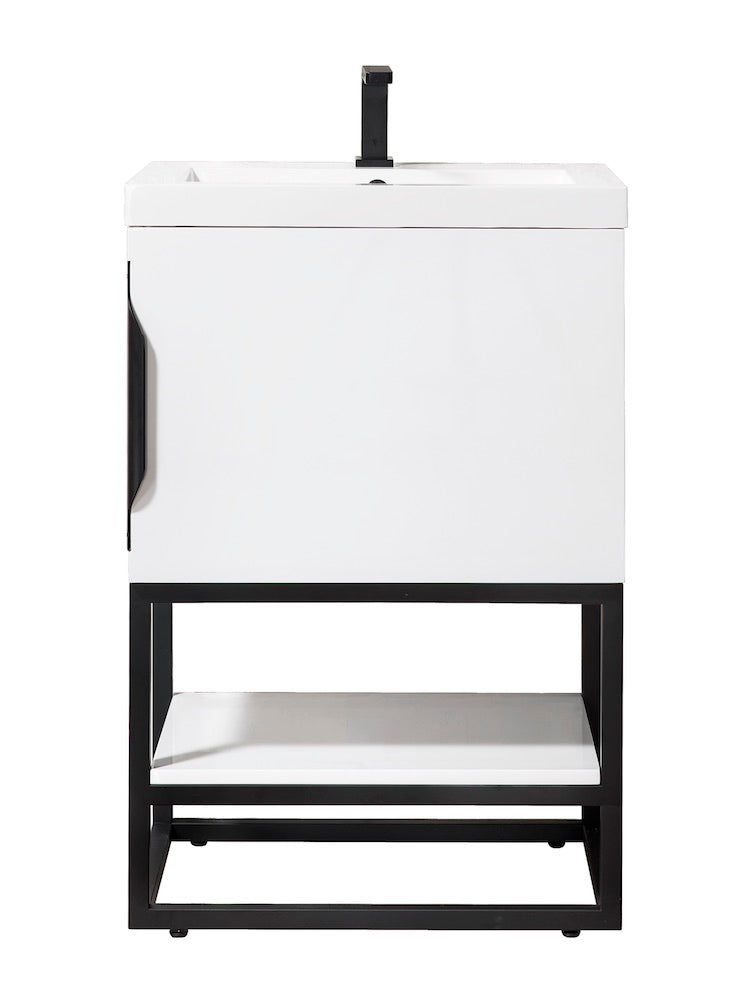 24" Columbia Single Sink Bathroom Vanity, Glossy White, Matte Black w/ Top
