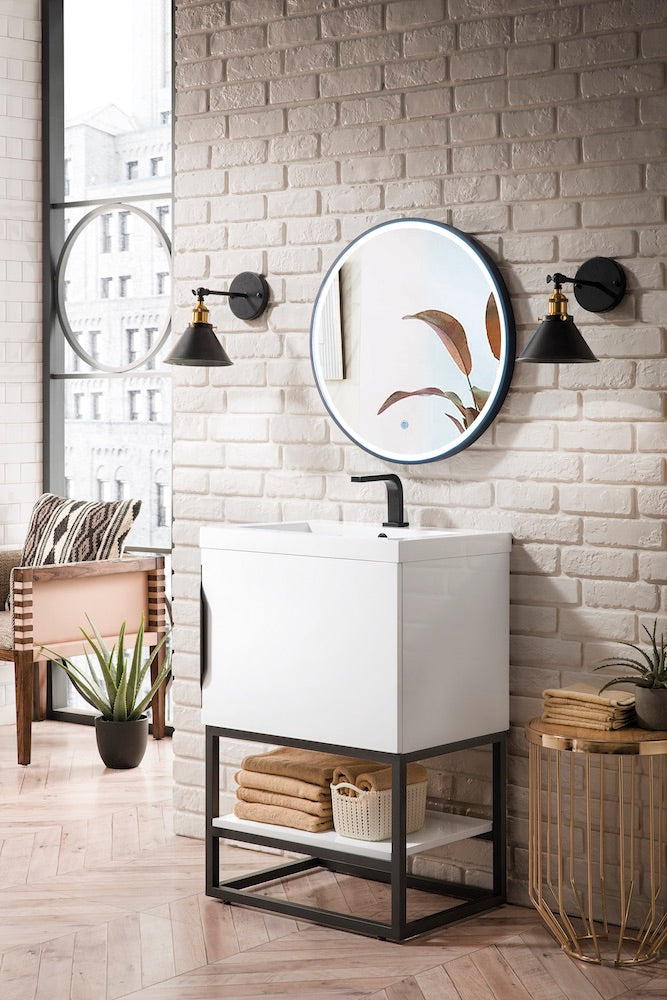 24" Columbia Single Sink Bathroom Vanity, Glossy White, Matte Black w/ Top