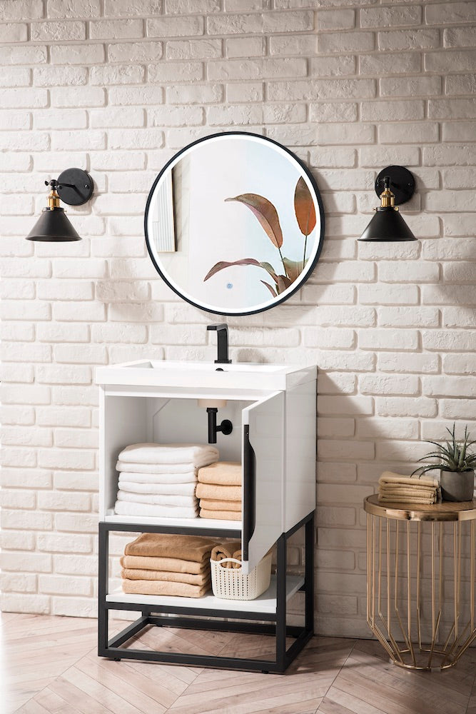 24" Columbia Single Sink Bathroom Vanity, Glossy White, Matte Black w/ Top