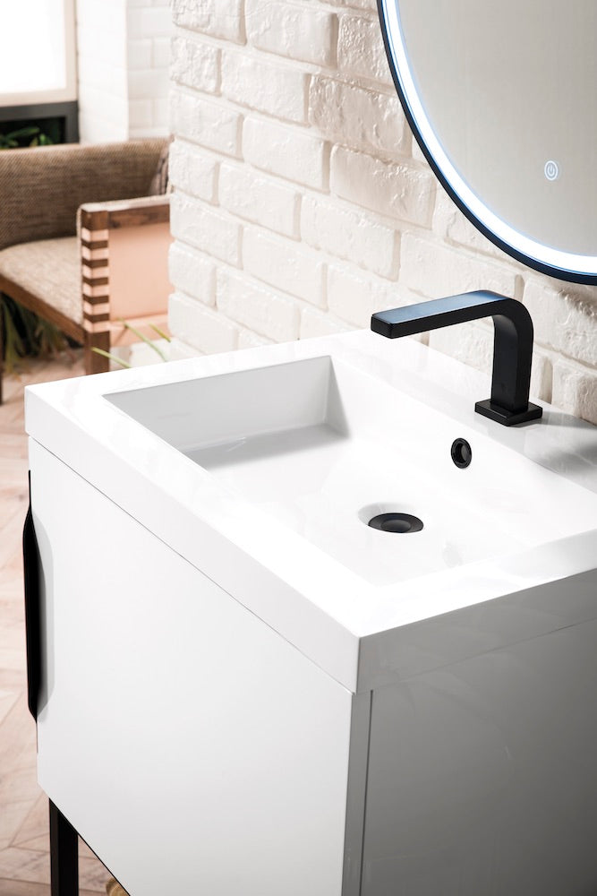 24" Columbia Single Sink Bathroom Vanity, Glossy White, Matte Black w/ Top