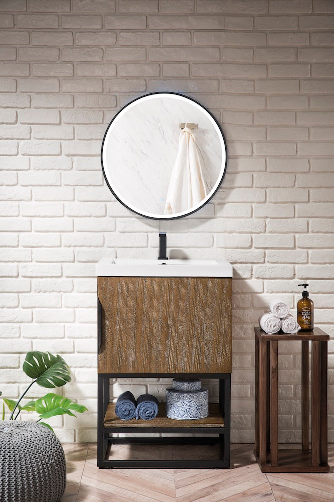 24" Columbia Single Sink Bathroom Vanity, Latte Oak, Matte Black w/ Top