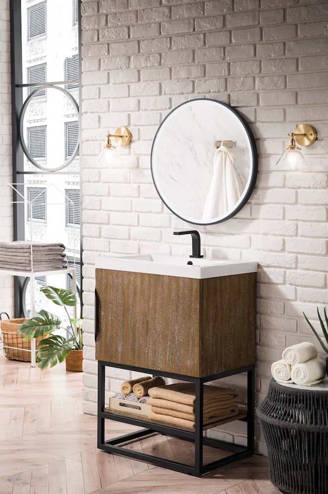 24" Columbia Single Sink Bathroom Vanity, Latte Oak, Matte Black w/ Top