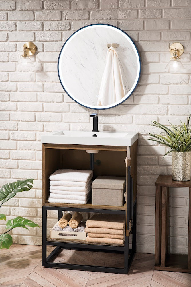 24" Columbia Single Sink Bathroom Vanity, Latte Oak, Matte Black w/ Top