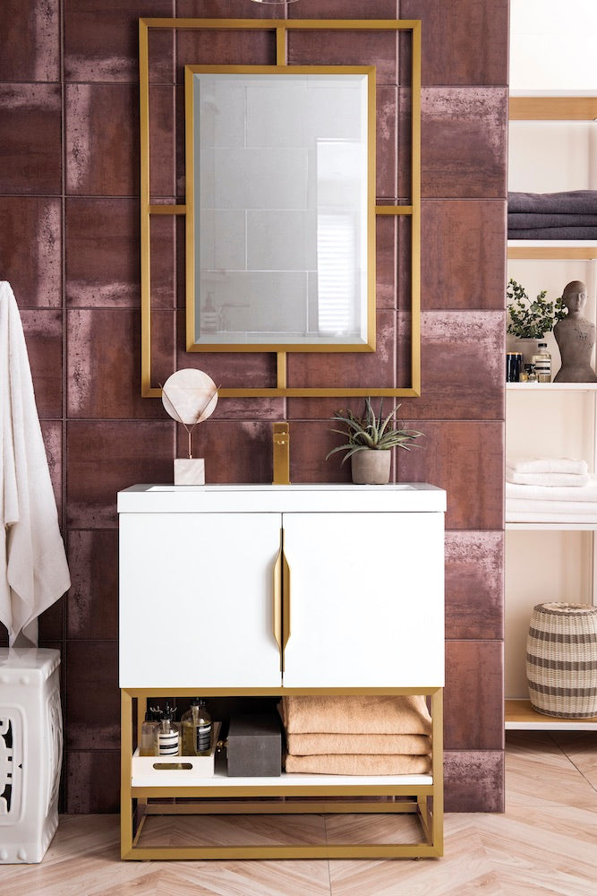 31.5" Columbia Single Sink Bathroom Vanity, Glossy White & Radiant Gold