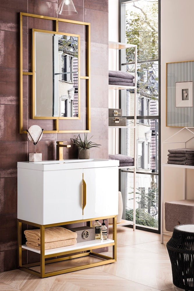 31.5" Columbia Single Sink Bathroom Vanity, Glossy White & Radiant Gold