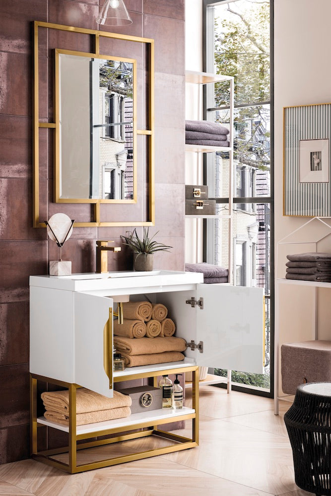31.5" Columbia Single Sink Bathroom Vanity, Glossy White & Radiant Gold