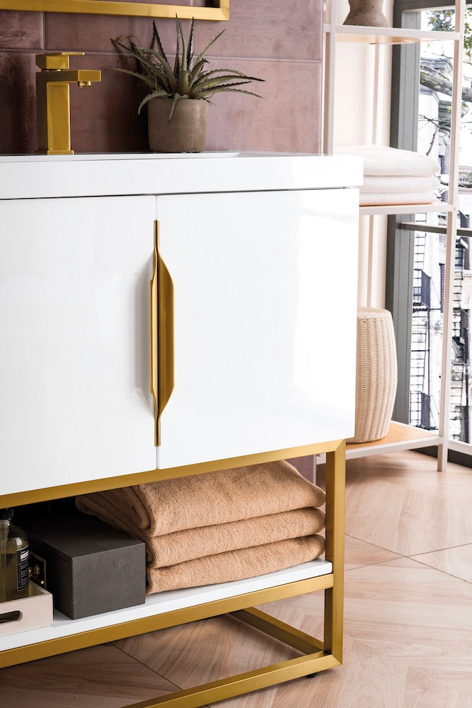 31.5" Columbia Single Sink Bathroom Vanity, Glossy White & Radiant Gold
