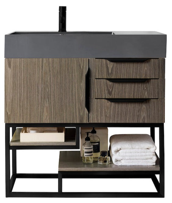 36" Columbia Single Sink Bathroom Vanity, Ash Gray w/ Matte Black