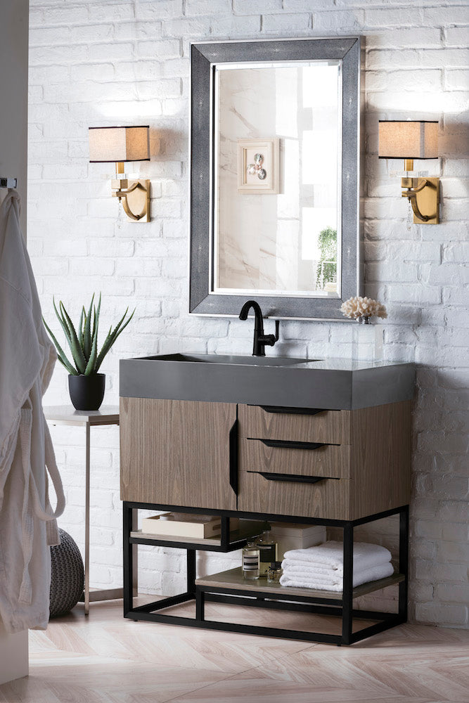 36" Columbia Single Sink Bathroom Vanity, Ash Gray w/ Matte Black