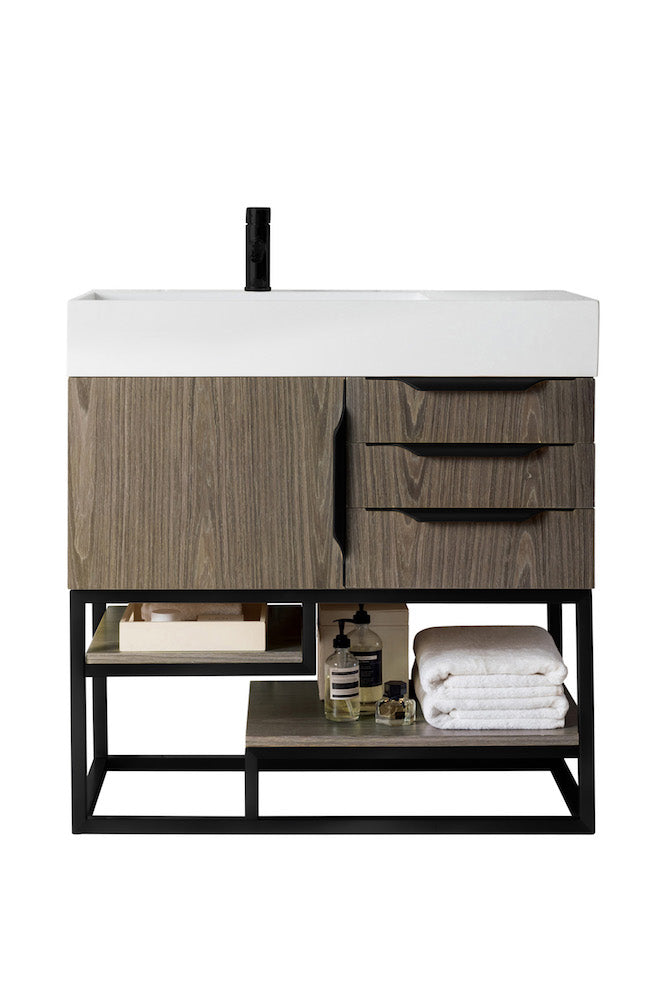 36" Columbia Single Sink Bathroom Vanity, Ash Gray w/ Matte Black