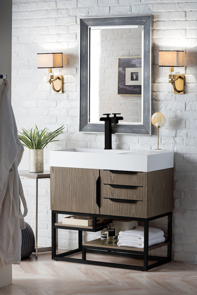 36" Columbia Single Sink Bathroom Vanity, Ash Gray w/ Matte Black