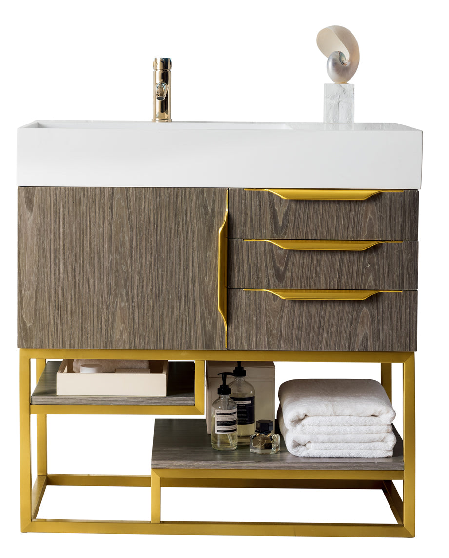 36" Columbia Single Sink Bathroom Vanity, Ash Gray w/ Radiant Gold