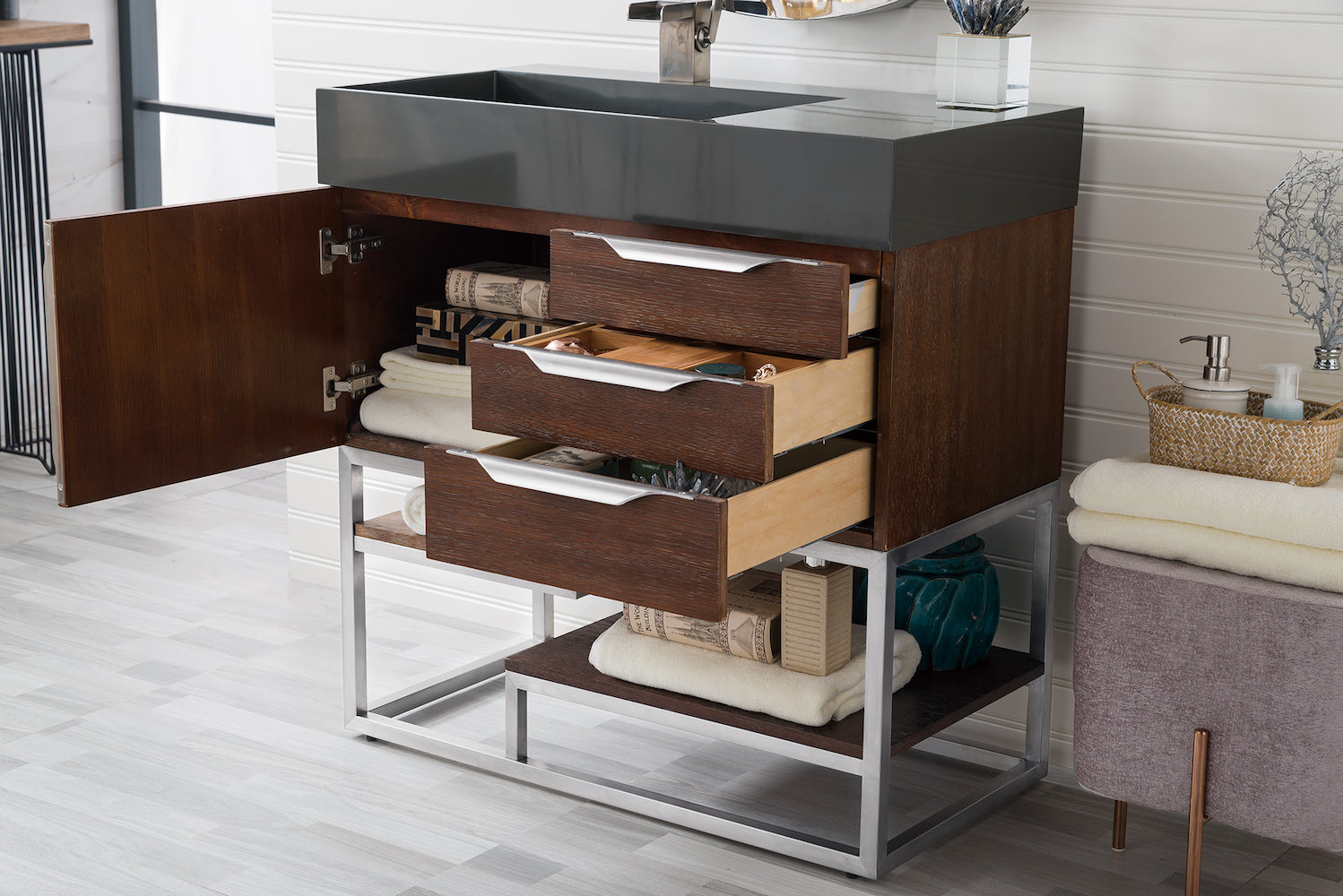 36" Columbia Single Sink Bathroom Vanity, Coffee Oak & Brushed Nickel