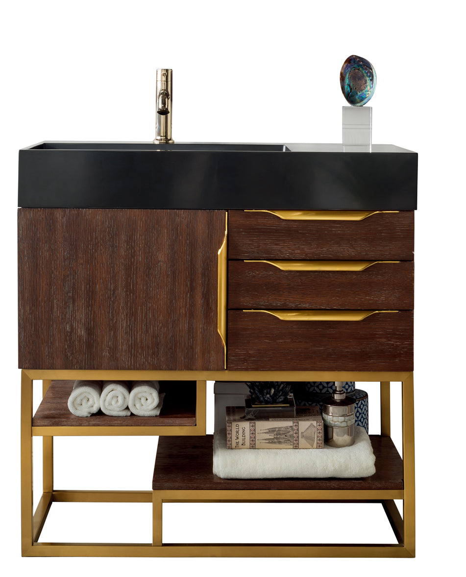 36" Columbia Single Sink Bathroom Vanity, Coffee Oak w/ Radiant Gold