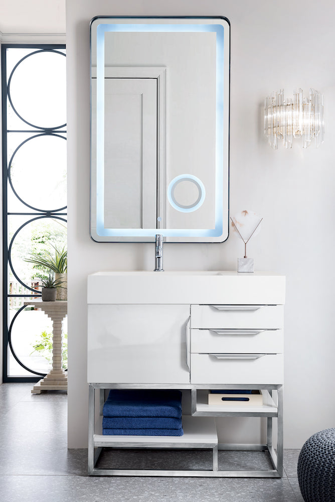 36" Columbia Single Sink Bathroom Vanity, Glossy White & Brushed Nickel
