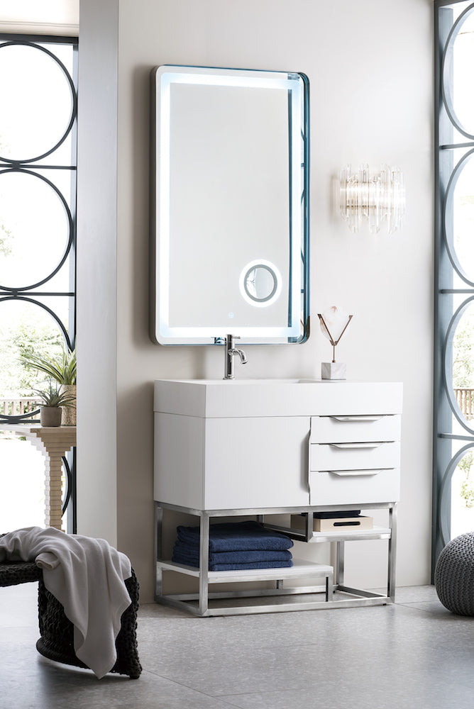 36" Columbia Single Sink Bathroom Vanity, Glossy White & Brushed Nickel