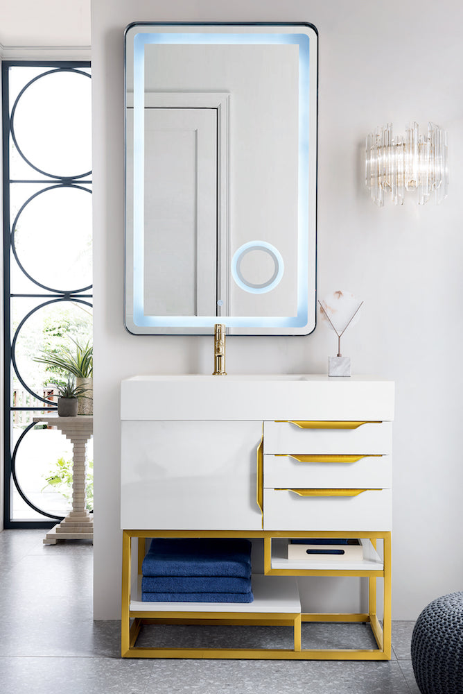 36" Columbia Single Sink Bathroom Vanity, Glossy White w/ Radiant Gold