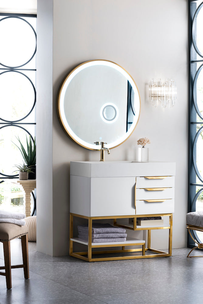 36" Columbia Single Sink Bathroom Vanity, Glossy White w/ Radiant Gold