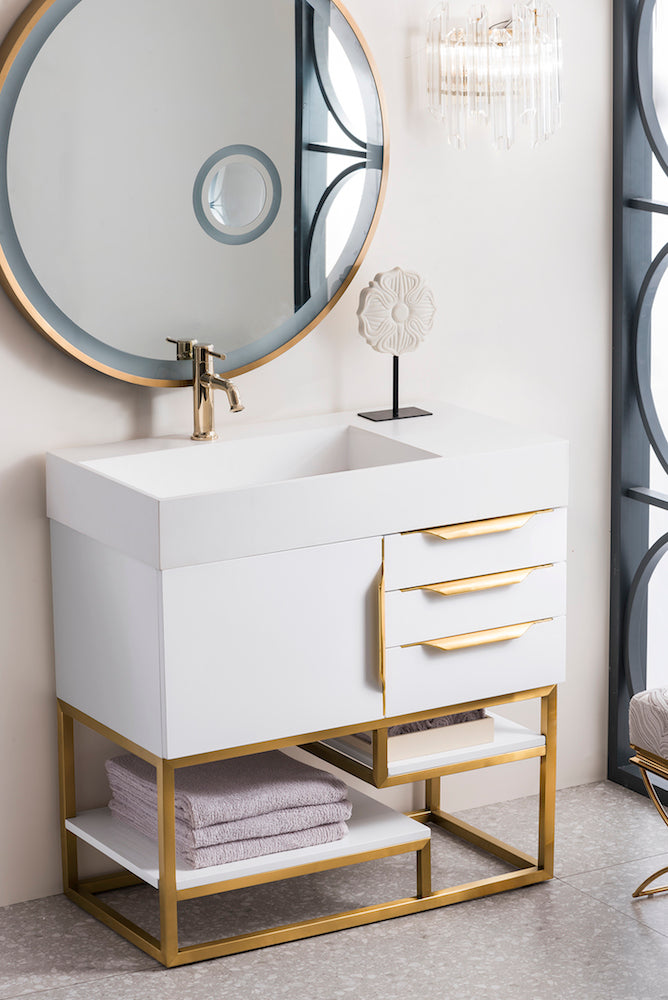 36" Columbia Single Sink Bathroom Vanity, Glossy White w/ Radiant Gold