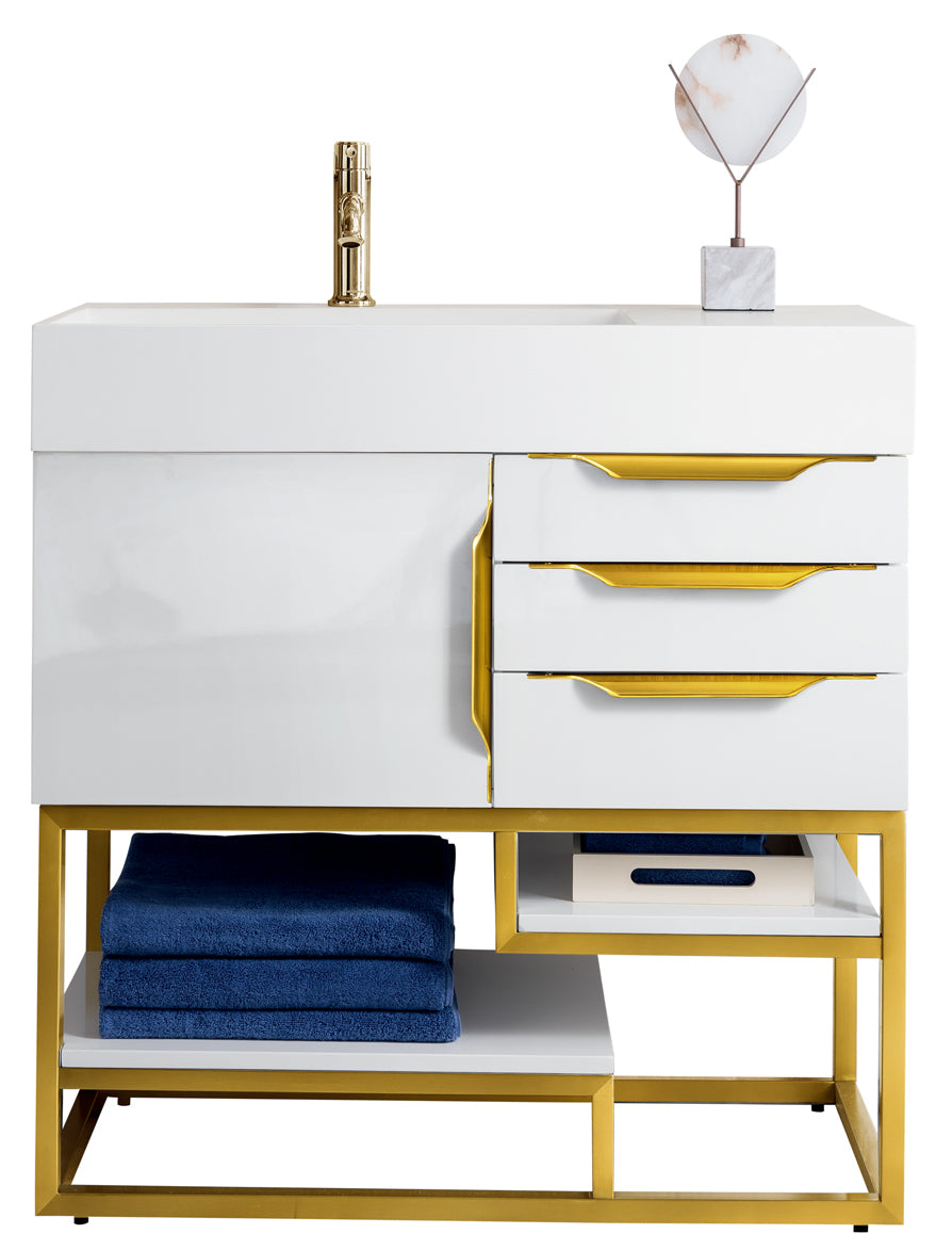 36" Columbia Single Sink Bathroom Vanity, Glossy White w/ Radiant Gold