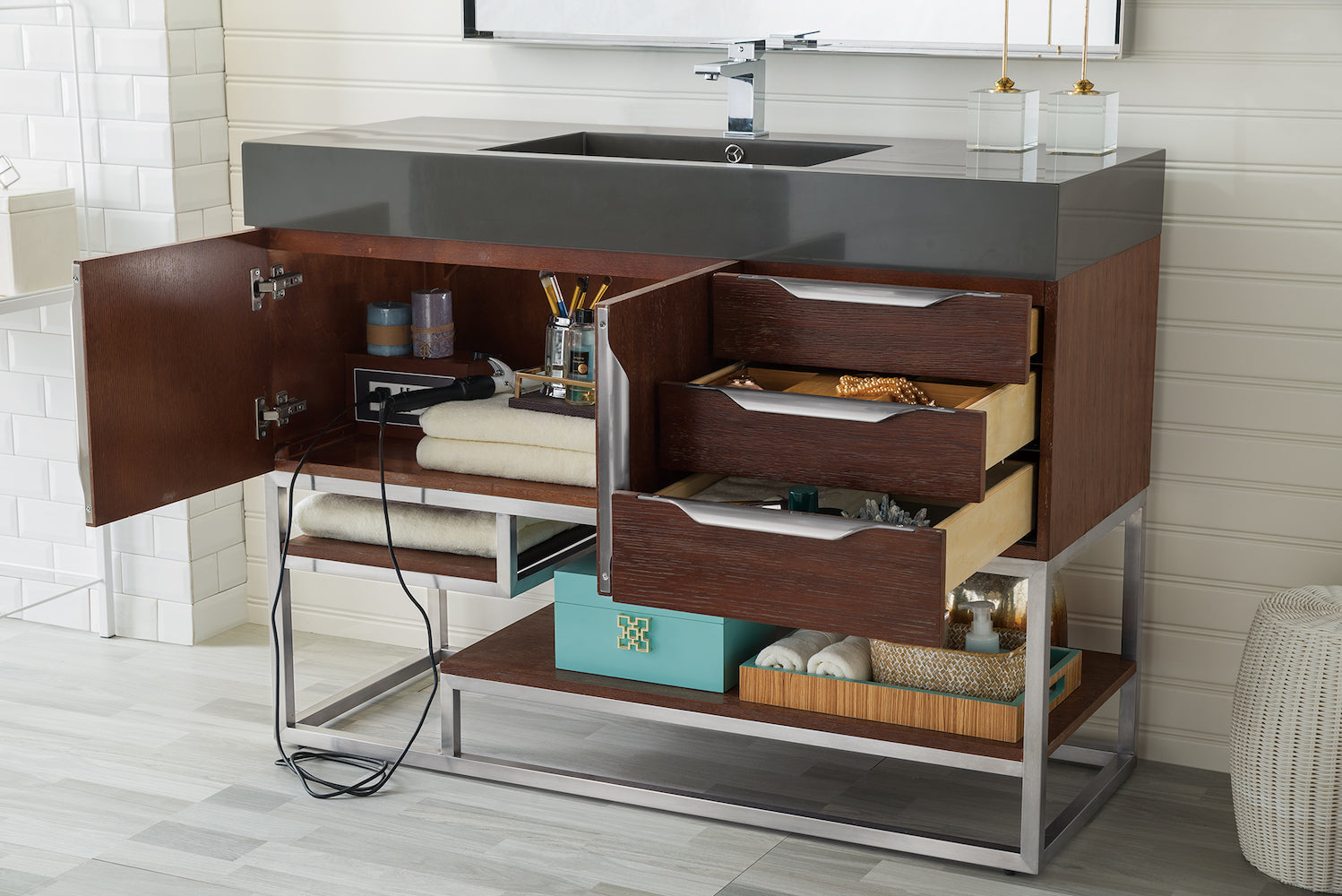 48" Columbia Single Sink Bathroom Vanity, Coffee Oak w/ Brushed Nickel