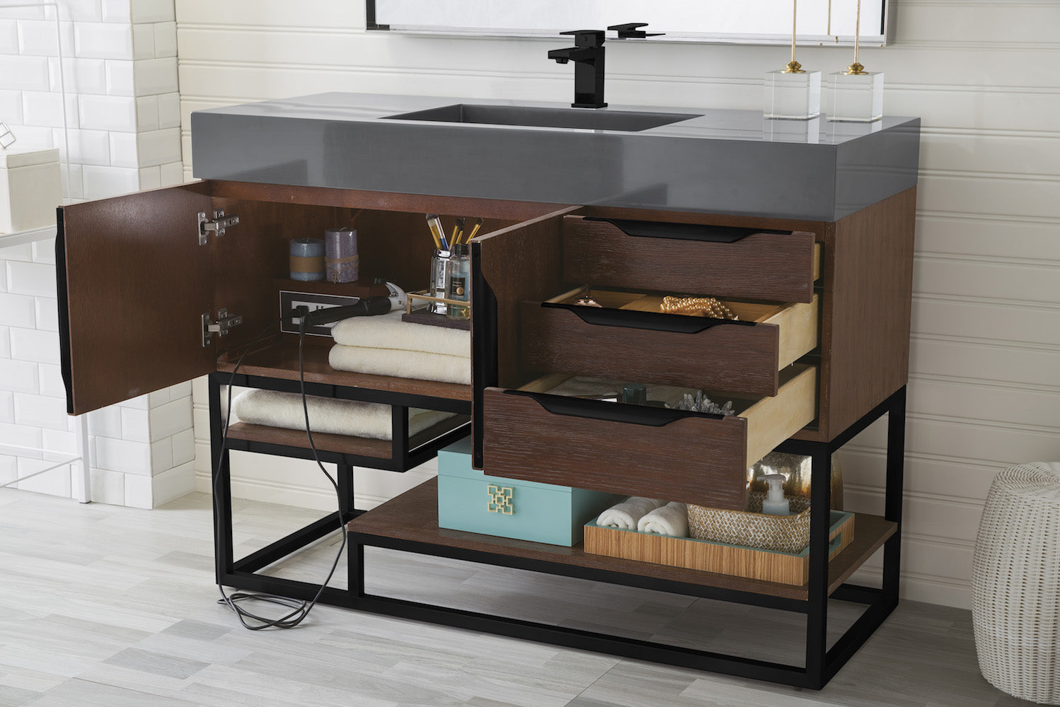 48" Columbia Single Sink Bathroom Vanity, Coffee Oak w/ Matte Black