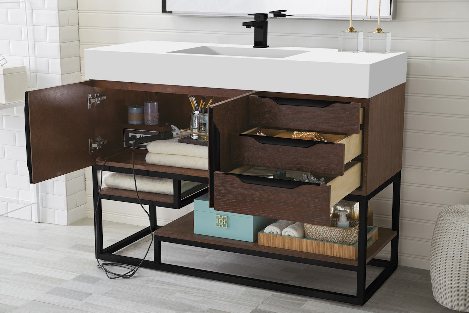 48" Columbia Single Sink Bathroom Vanity, Coffee Oak w/ Matte Black