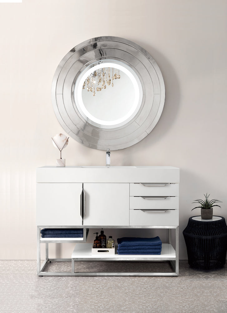 48" Columbia Single Sink Bathroom Vanity, Glossy White w/ Brushed Nickel