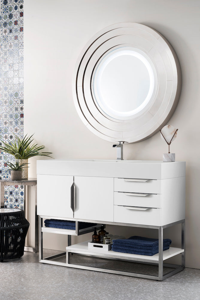 48" Columbia Single Sink Bathroom Vanity, Glossy White w/ Brushed Nickel