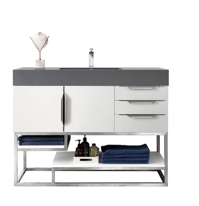 48" Columbia Single Sink Bathroom Vanity, Glossy White w/ Brushed Nickel