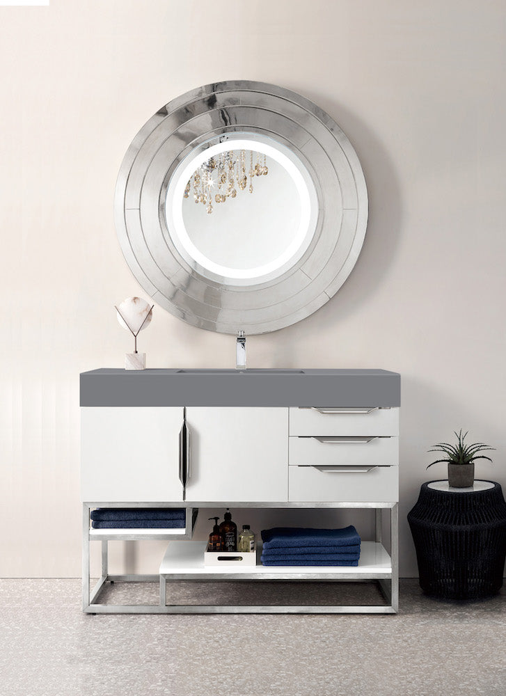 48" Columbia Single Sink Bathroom Vanity, Glossy White w/ Brushed Nickel