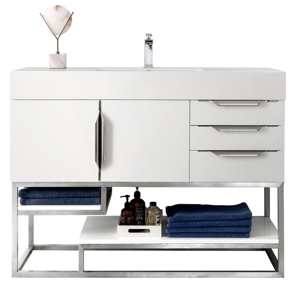 48" Columbia Single Sink Bathroom Vanity, Glossy White w/ Brushed Nickel