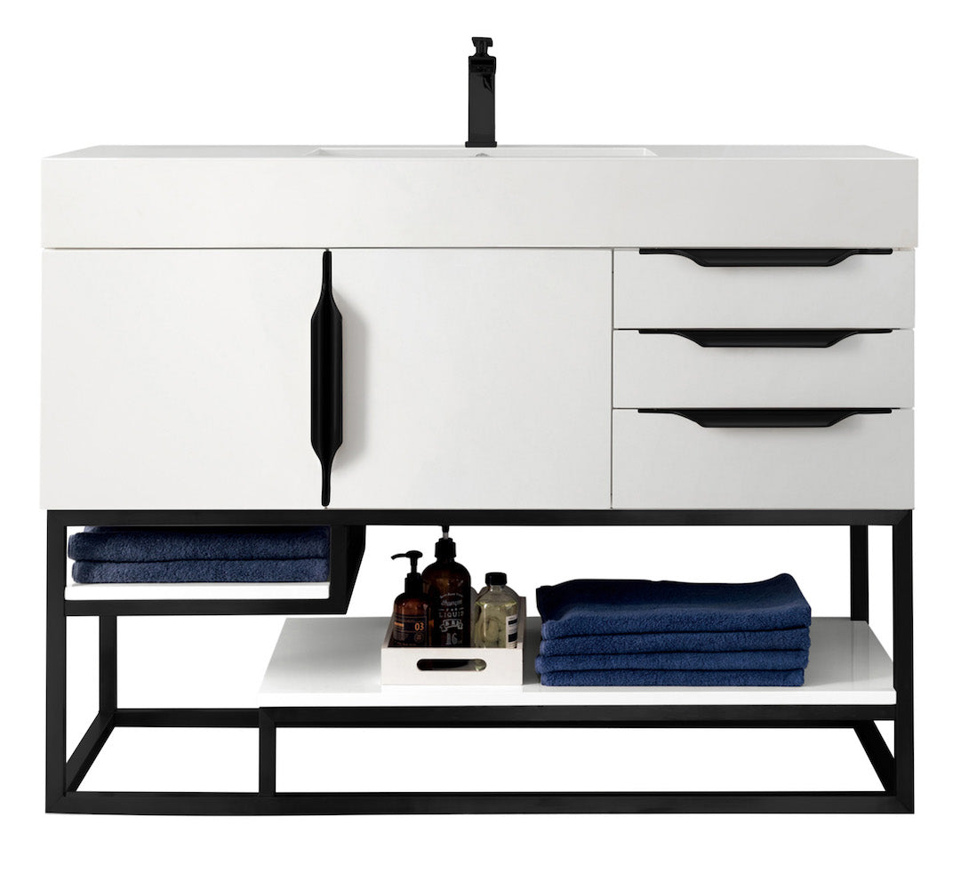 48" Columbia Single Sink Bathroom Vanity, Glossy White w/ Matte Black