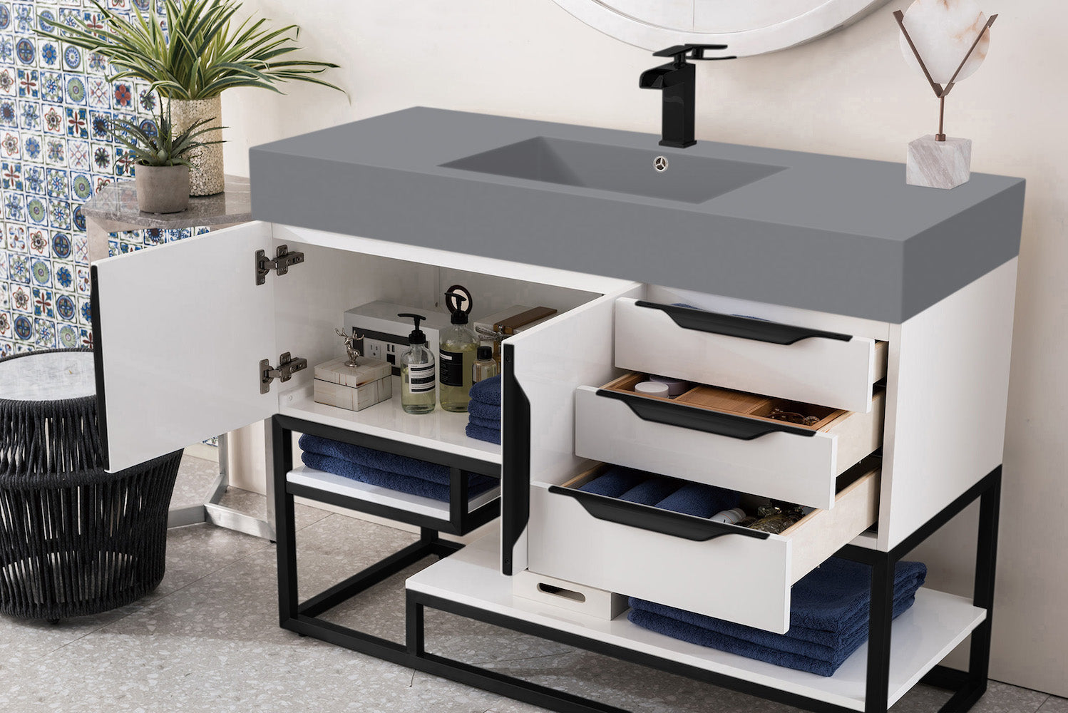 48" Columbia Single Sink Bathroom Vanity, Glossy White w/ Matte Black