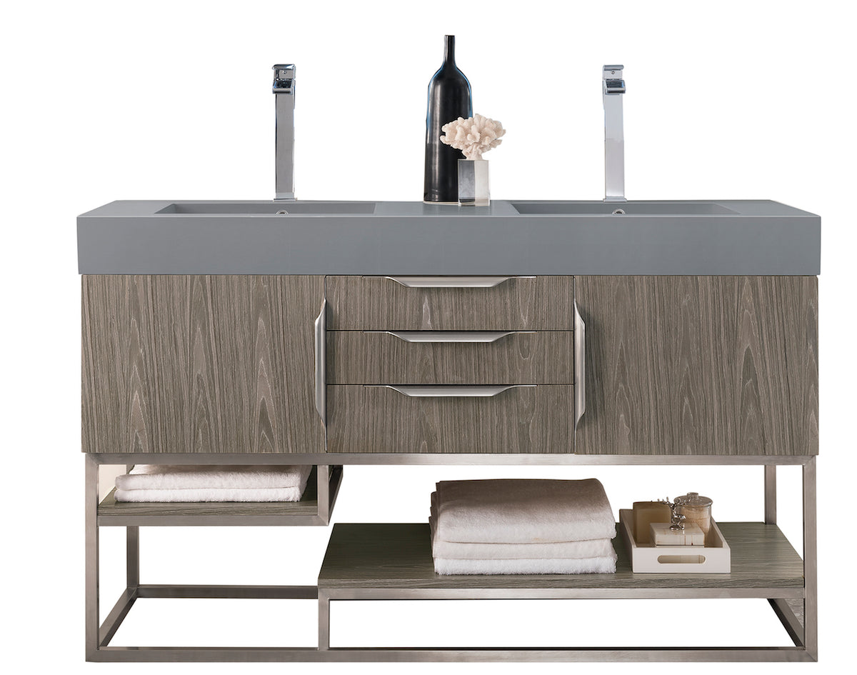 59" Columbia Double Sink Bathroom Vanity, Ash Gray w/ Brushed Nickel