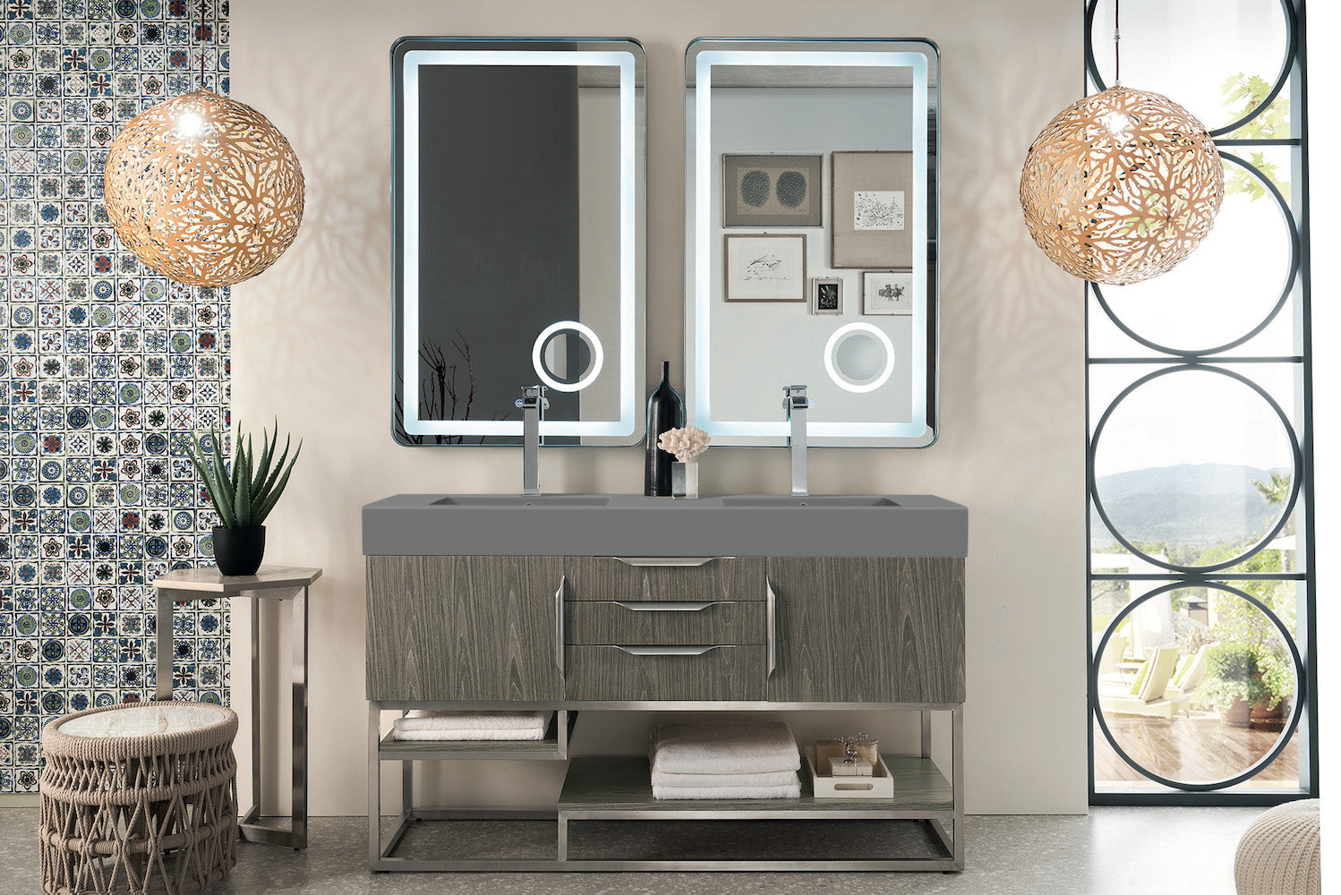 59" Columbia Double Sink Bathroom Vanity, Ash Gray w/ Brushed Nickel