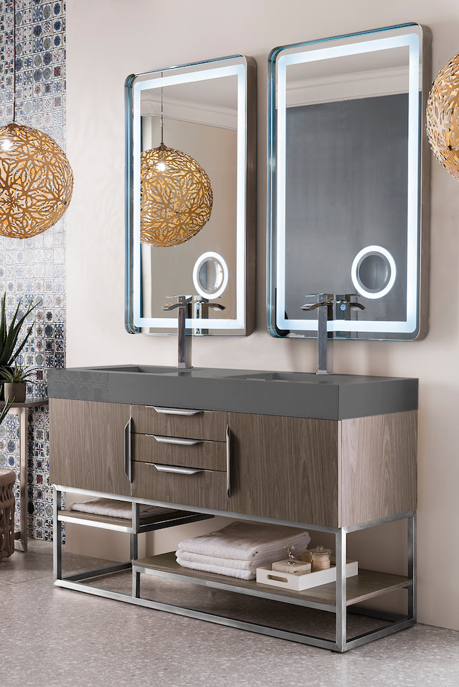 59" Columbia Double Sink Bathroom Vanity, Ash Gray w/ Brushed Nickel