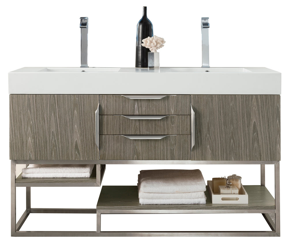 59" Columbia Double Sink Bathroom Vanity, Ash Gray w/ Brushed Nickel