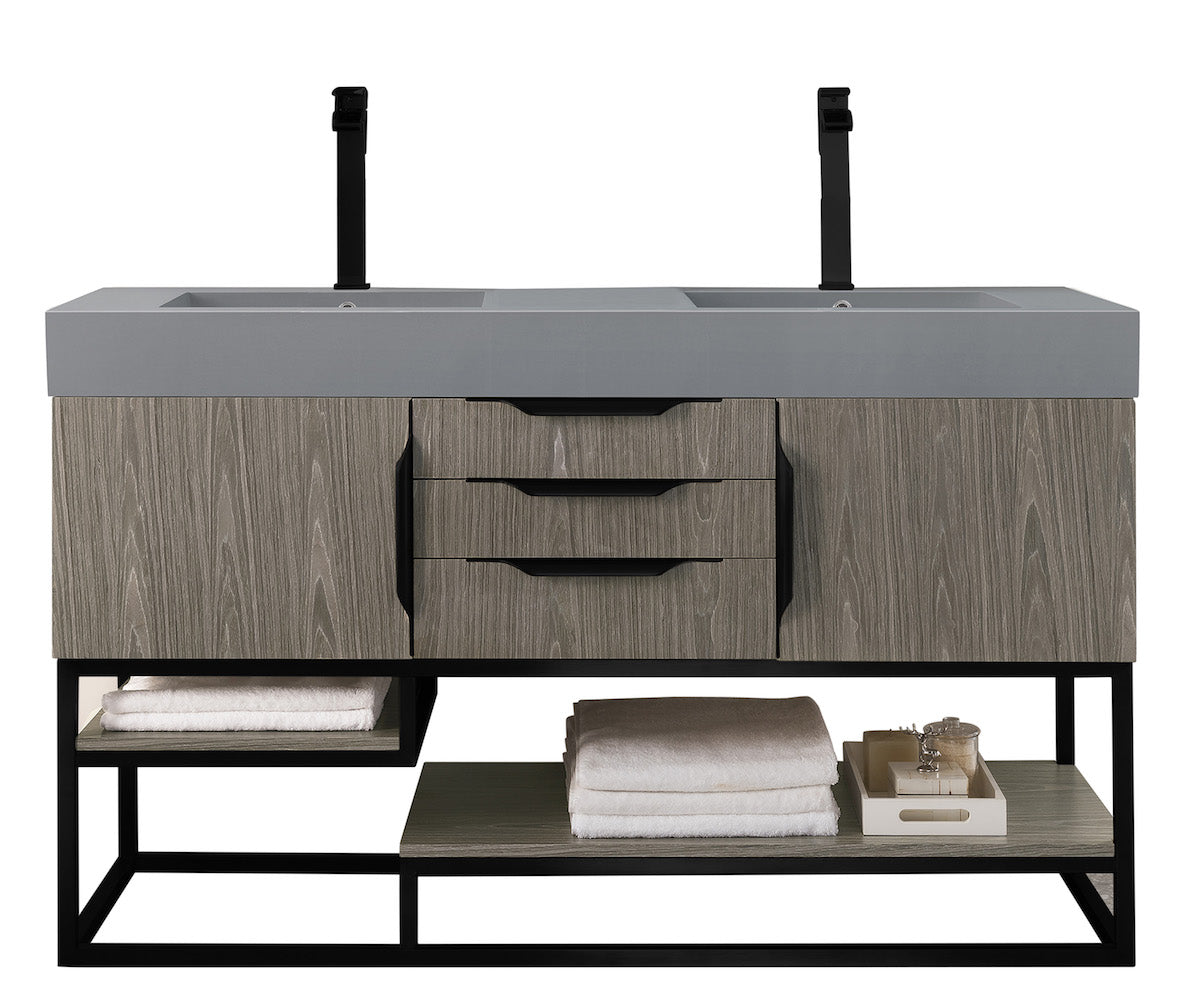 59" Columbia Double Sink Bathroom Vanity, Ash Gray w/ Matte Black