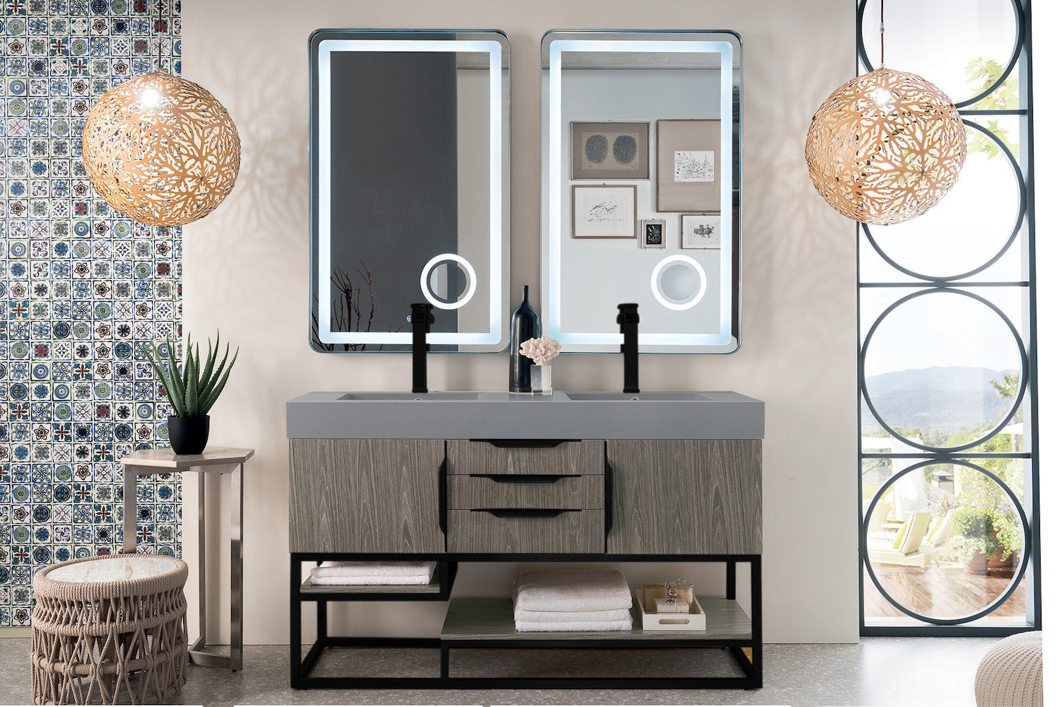 59" Columbia Double Sink Bathroom Vanity, Ash Gray w/ Matte Black