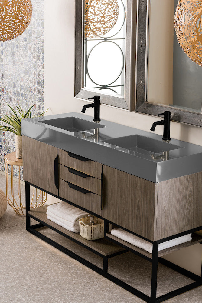 59" Columbia Double Sink Bathroom Vanity, Ash Gray w/ Matte Black