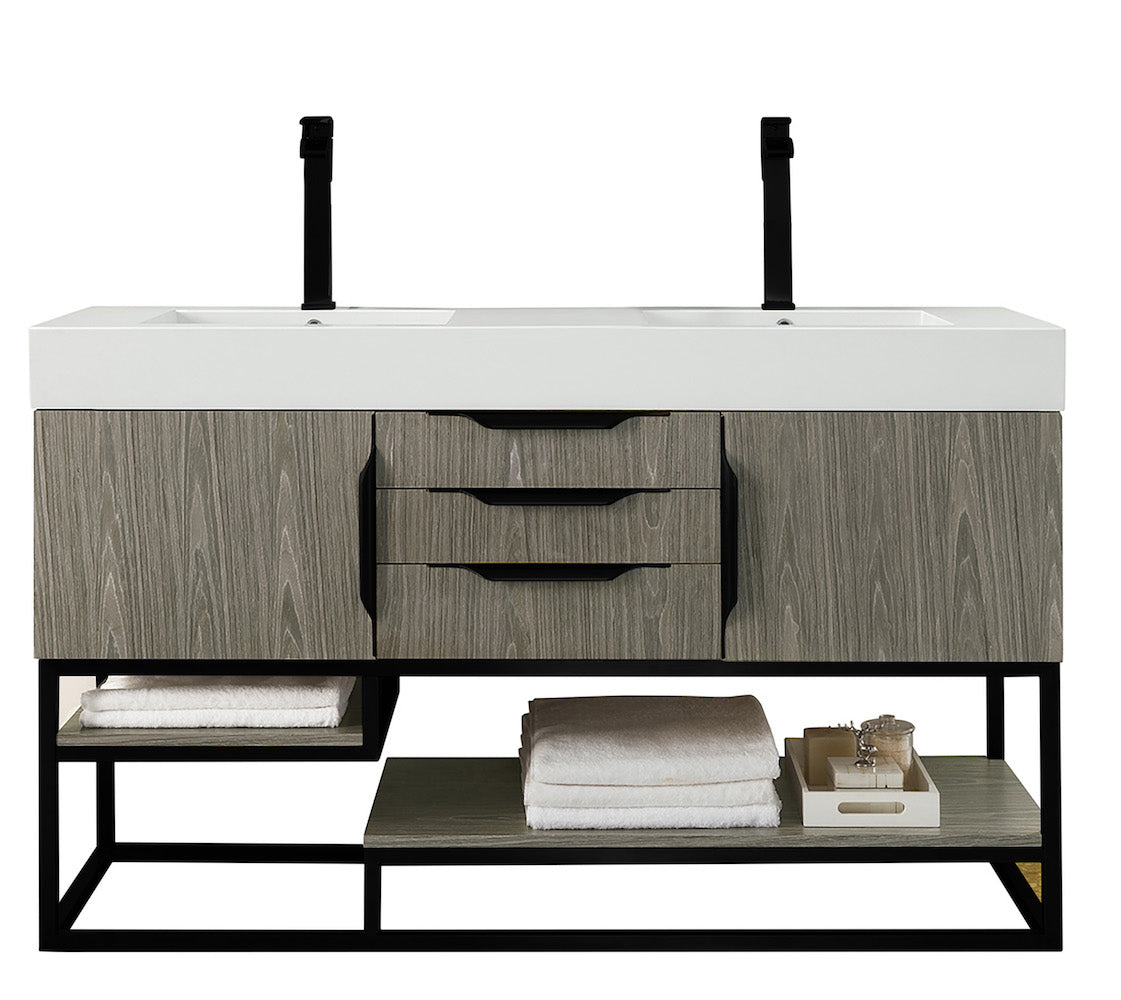 59" Columbia Double Sink Bathroom Vanity, Ash Gray w/ Matte Black