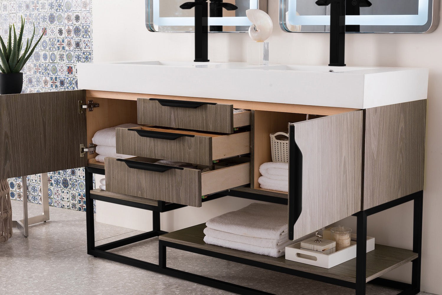 59" Columbia Double Sink Bathroom Vanity, Ash Gray w/ Matte Black