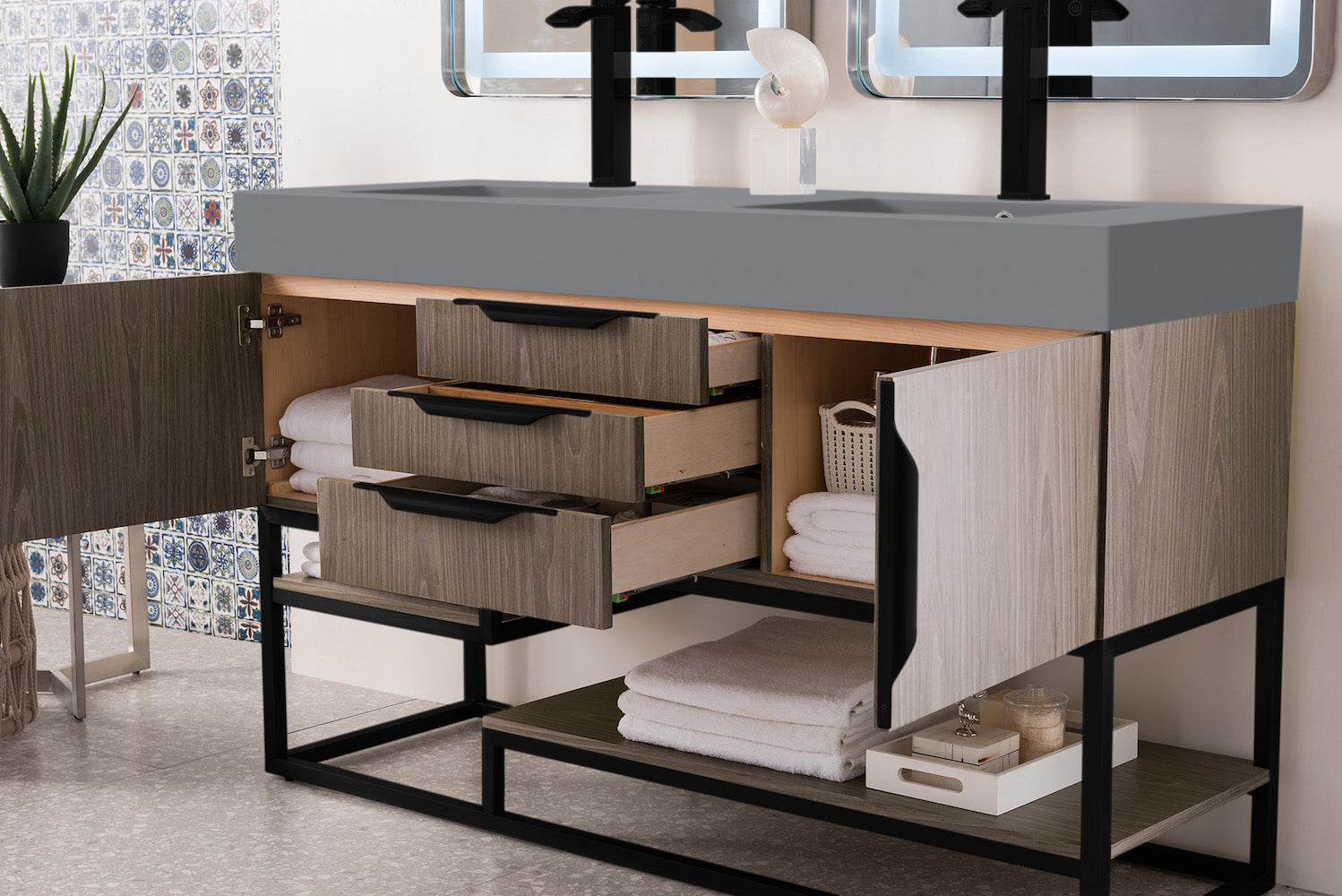 59" Columbia Double Sink Bathroom Vanity, Ash Gray w/ Matte Black